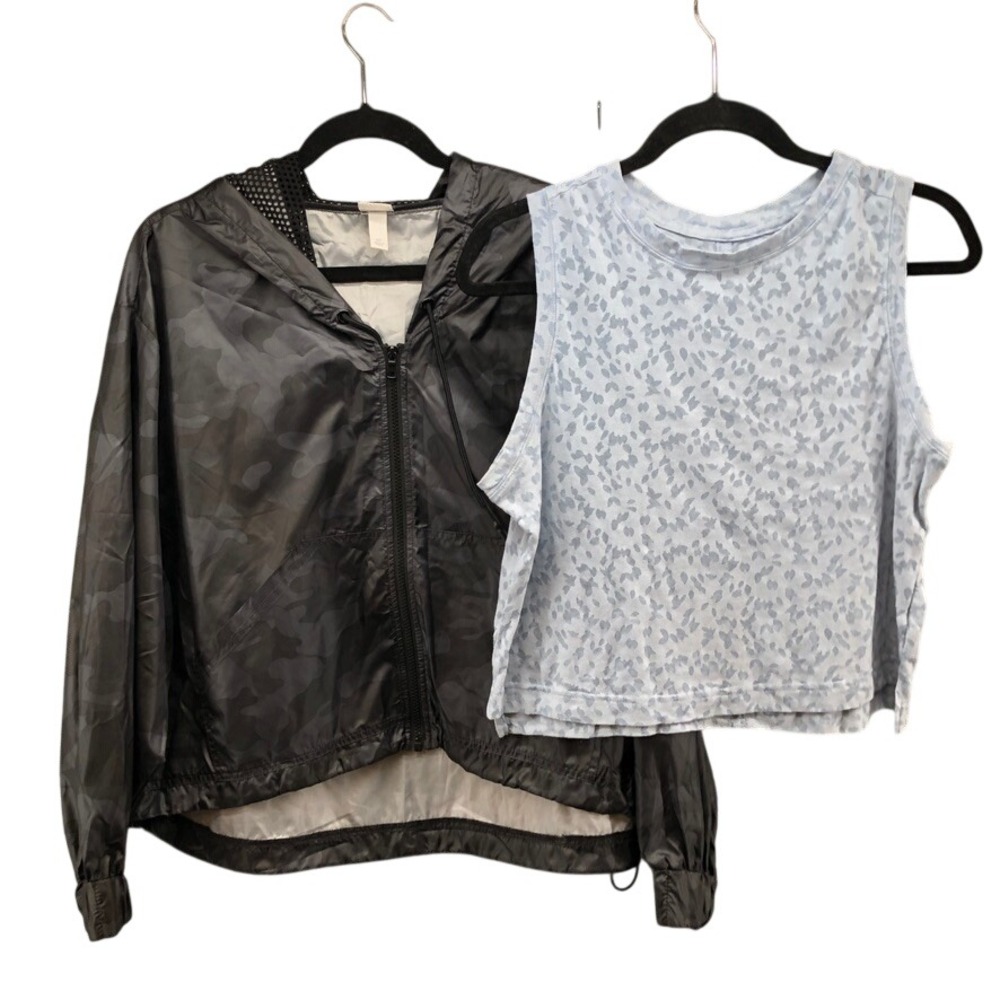 All in Motion Windbreaker Tank Top Set Womens Medium Large Black Camo Blue
